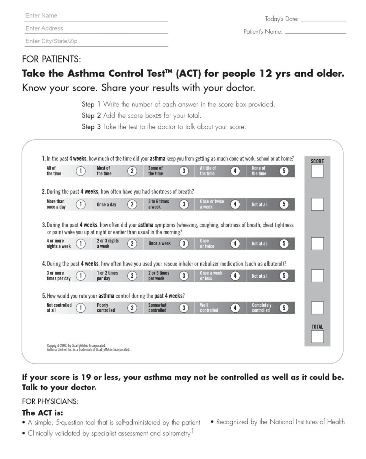 Asthma Control Test (ACT) Questionnaire
